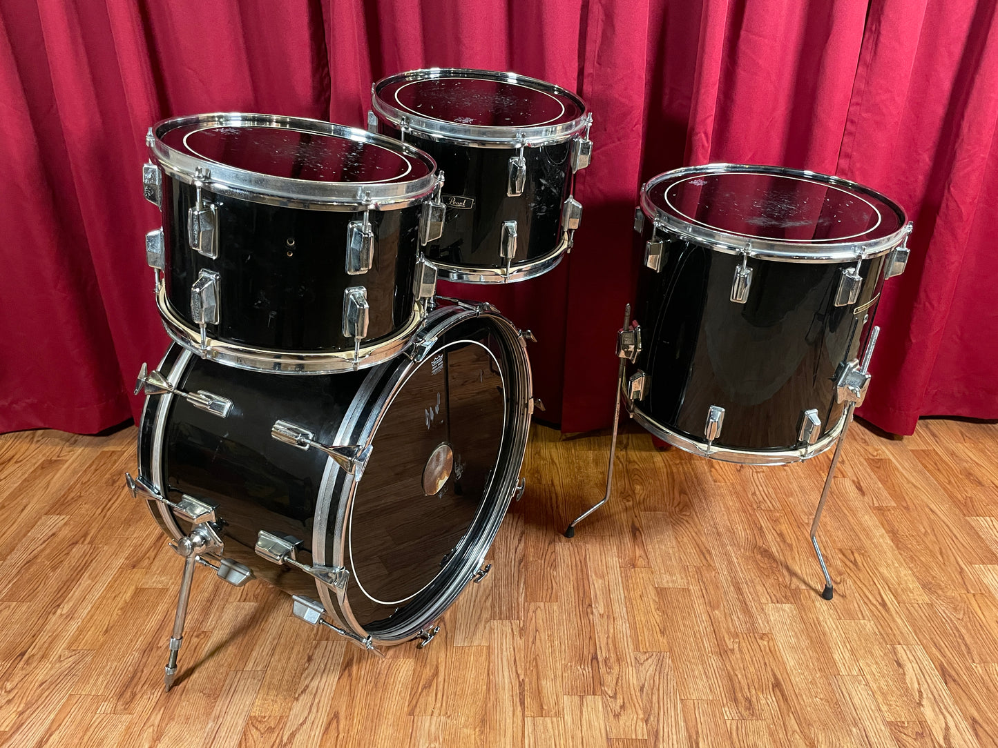 1970s Pearl Wood Fiberglass Drum Set 22/12/13/16 Jet Black *Video Demo*