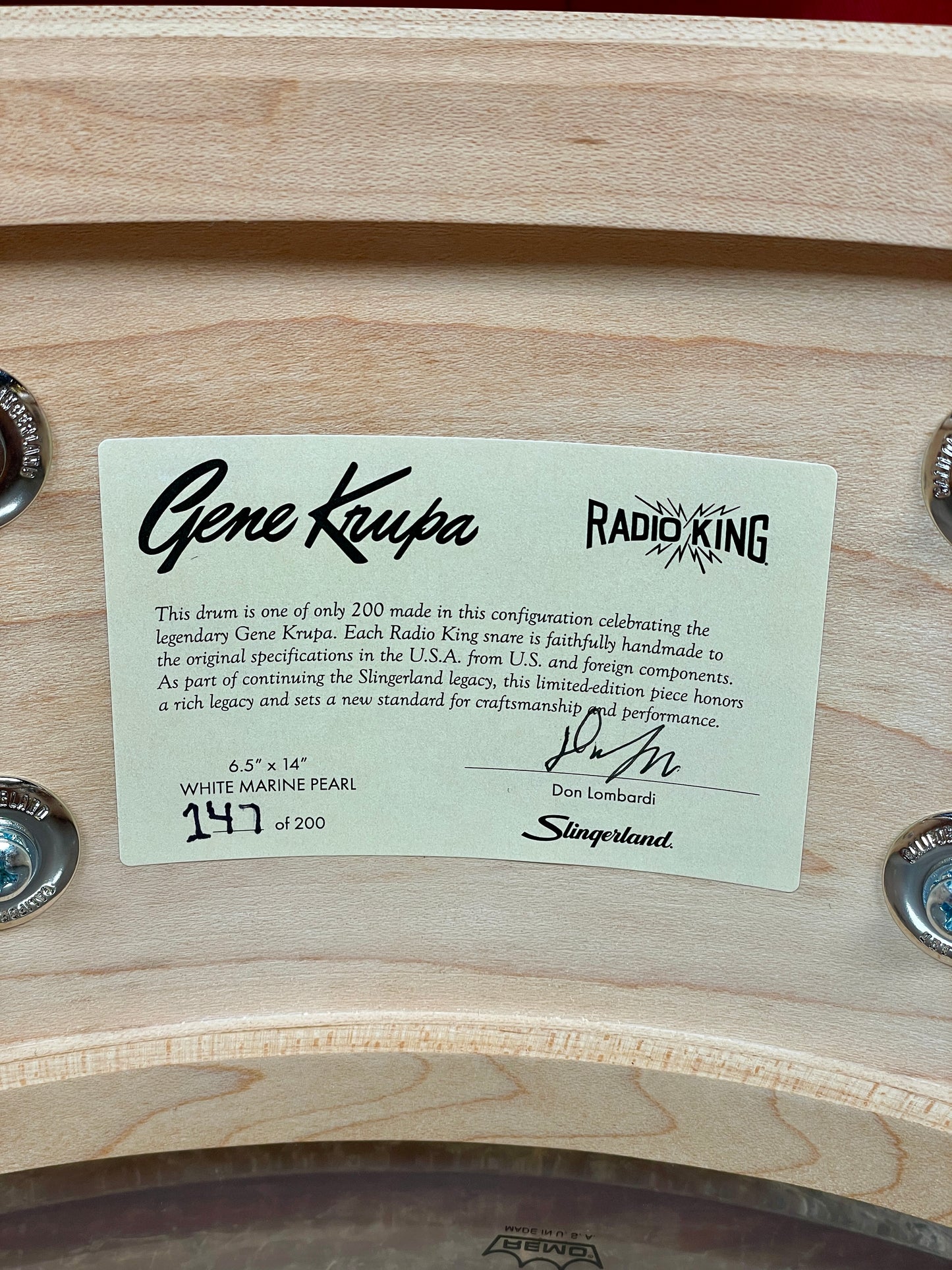 Slingerland Gene Krupa Limited Edition Radio King 6.5x14 Solid Maple Snare Drum White Marine Pearl