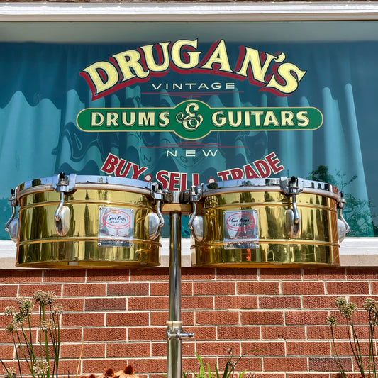 1970s-1980s Gon Bops Mariano Model 13" & 14" Brass Timbales Pair w/ Stand 2TB-76