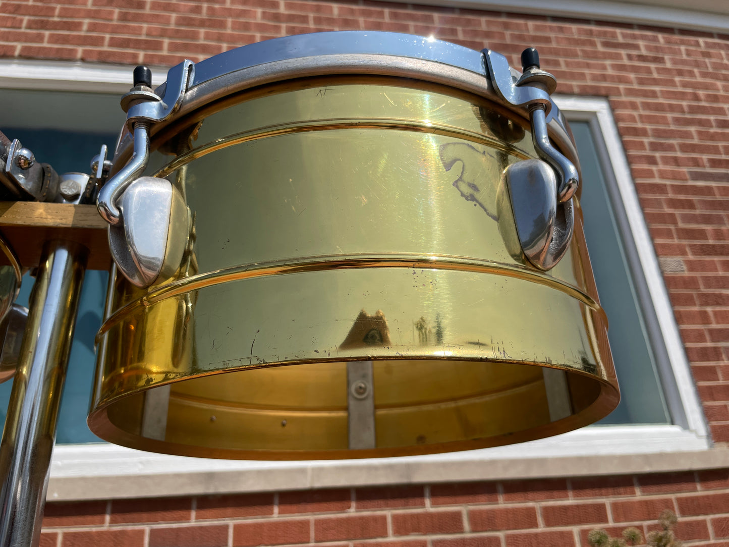 1970s-1980s Gon Bops Mariano Model 13" & 14" Brass Timbales Pair w/ Stand 2TB-76