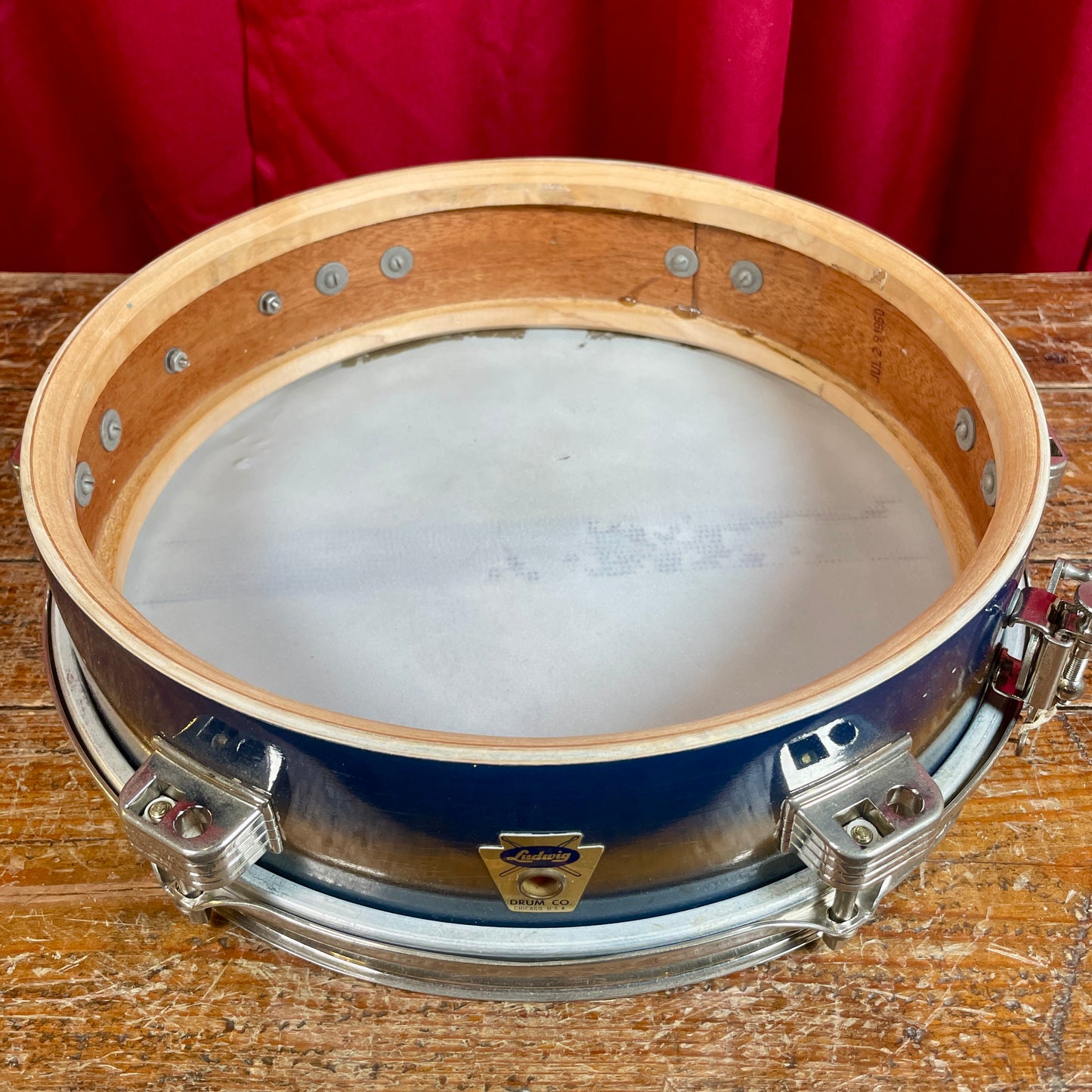 1950s-1960s Ludwig 3x13 Be-Bop Jazz Combo Trans Badge Snare Drum Dark Blue / Gold Duco