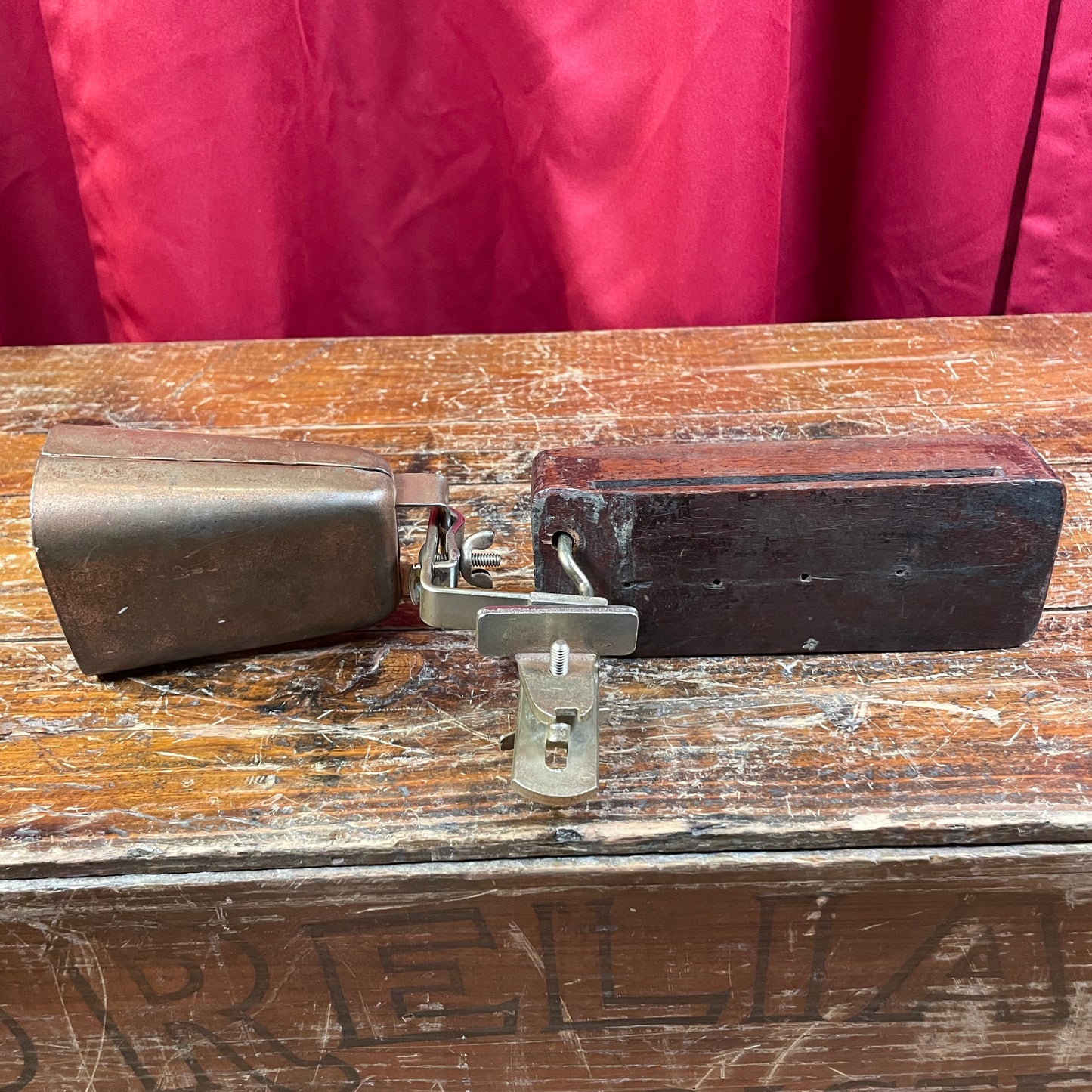 1950s Slingerland Cowbell and Wood Block Set w/ Nickel Shur-Grip Combination Holder