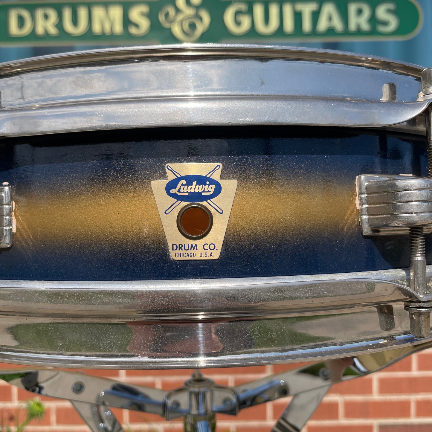 1950s-1960s Ludwig 3x13 Be-Bop Jazz Combo Trans Badge Snare Drum Dark Blue / Gold Duco