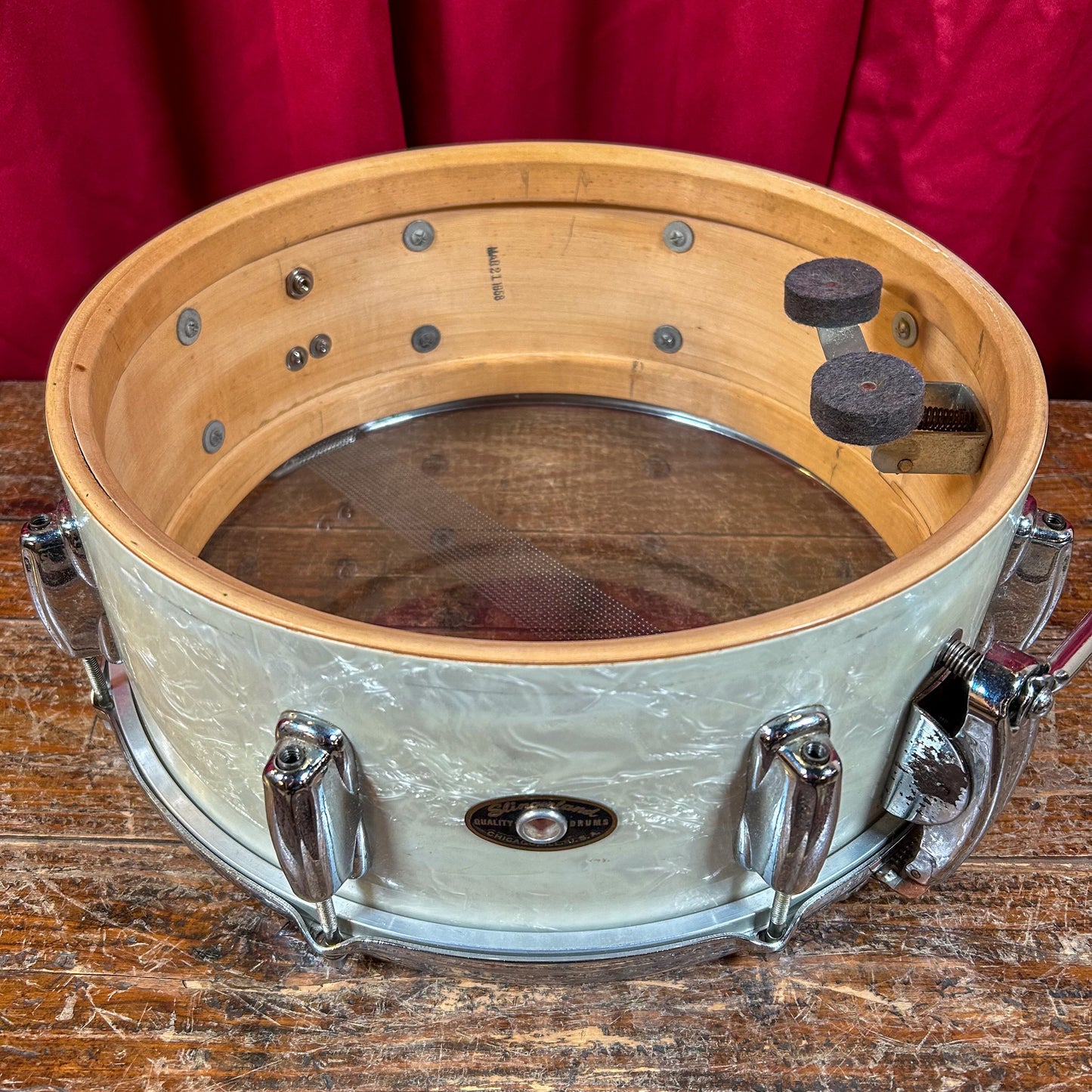 1956-1959 Slingerland 5.5x14 No. 153 Super Gene Krupa Solid Shell Radio King Snare Drum White Marine Pearl
