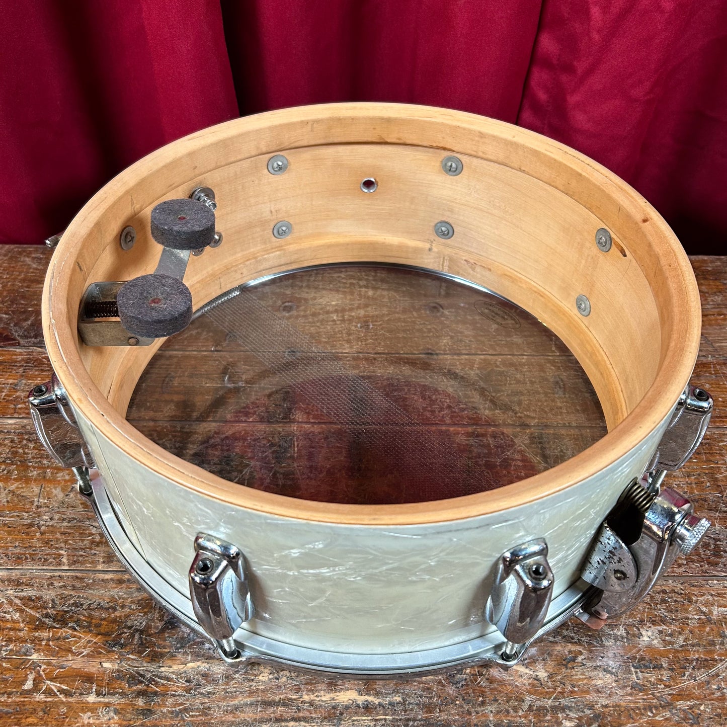 1956-1959 Slingerland 5.5x14 No. 153 Super Gene Krupa Solid Shell Radio King Snare Drum White Marine Pearl