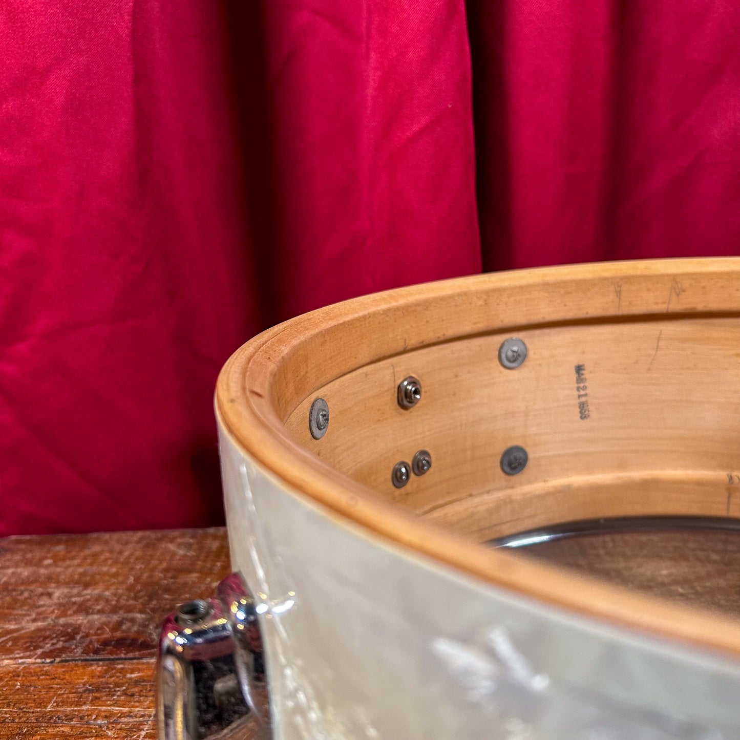 1956-1959 Slingerland 5.5x14 No. 153 Super Gene Krupa Solid Shell Radio King Snare Drum White Marine Pearl