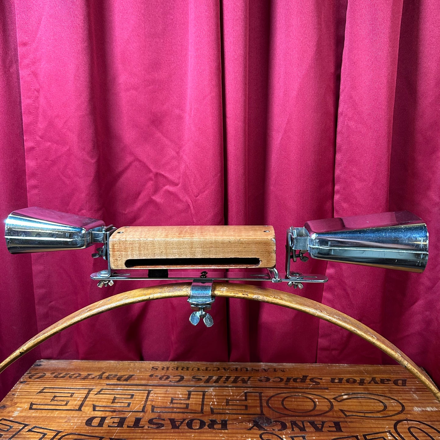 Vintage Cowbell and Wood Block Set Combination Holder