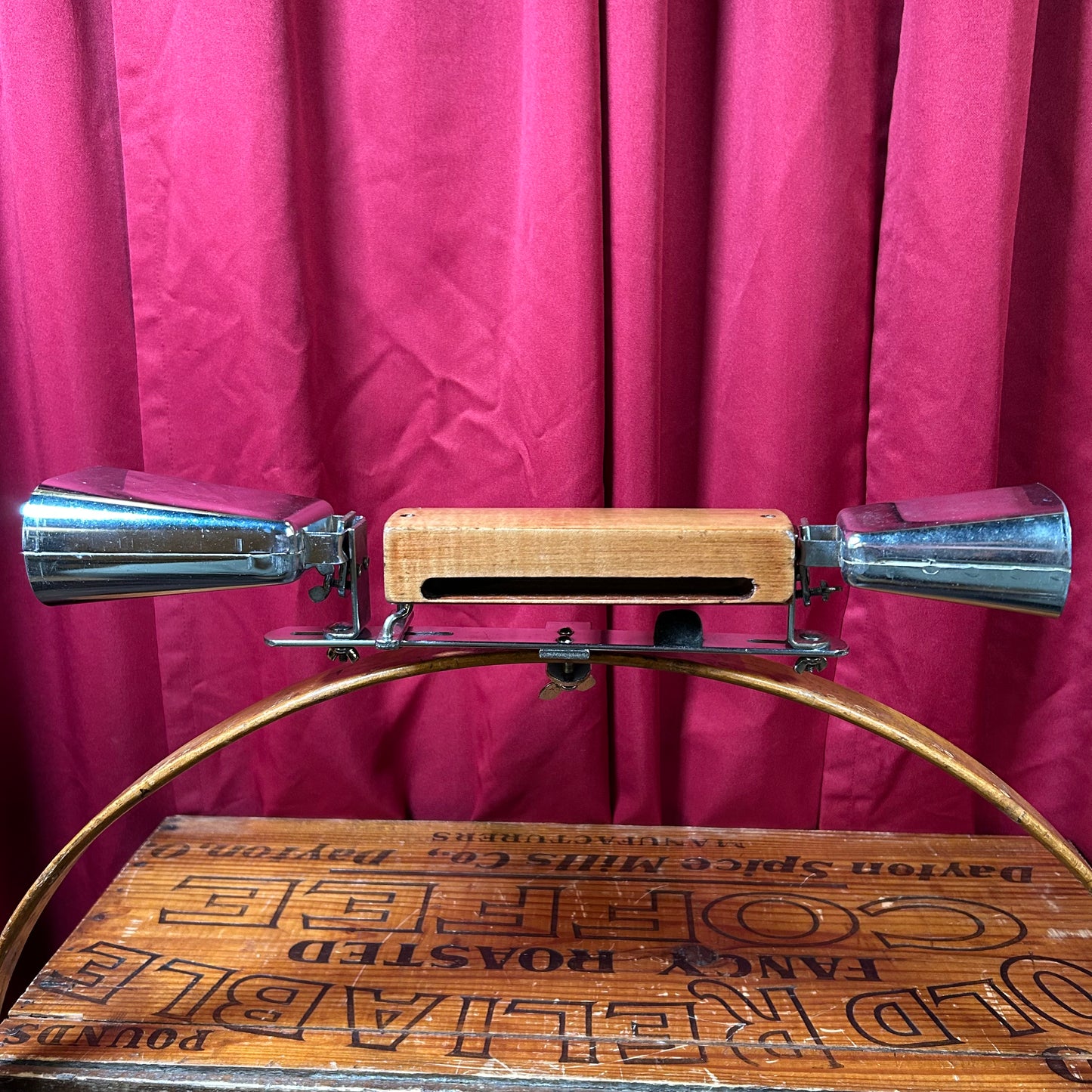 Vintage Cowbell and Wood Block Set Combination Holder