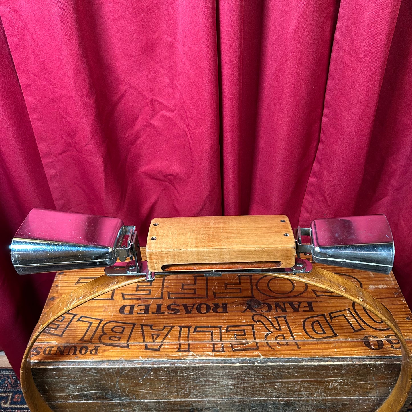 Vintage Cowbell and Wood Block Set Combination Holder