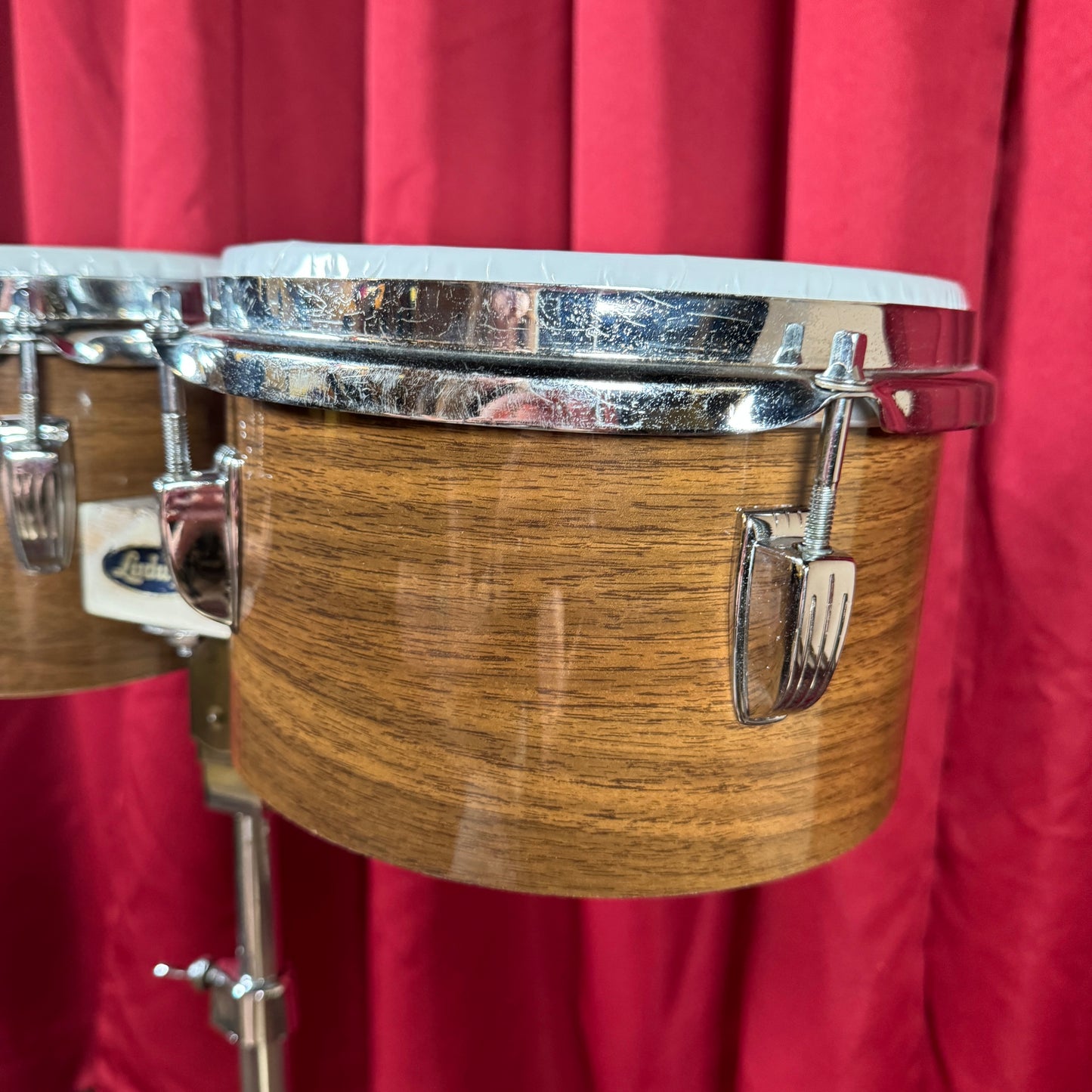 1970s Ludwig 6" & 8" No. 2358P Tunable Bongos Walnut Cortex w/ Mount