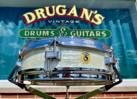 1959 Ludwig 3x13 Be-Bop Jazz Combo Snare Drum White Marine Pearl Trans Badge