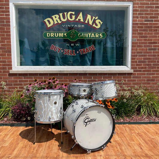1960s Gretsch Progressive Jazz Drum Set Silver (White) Satin Flame 20/12/14 w/ Snare