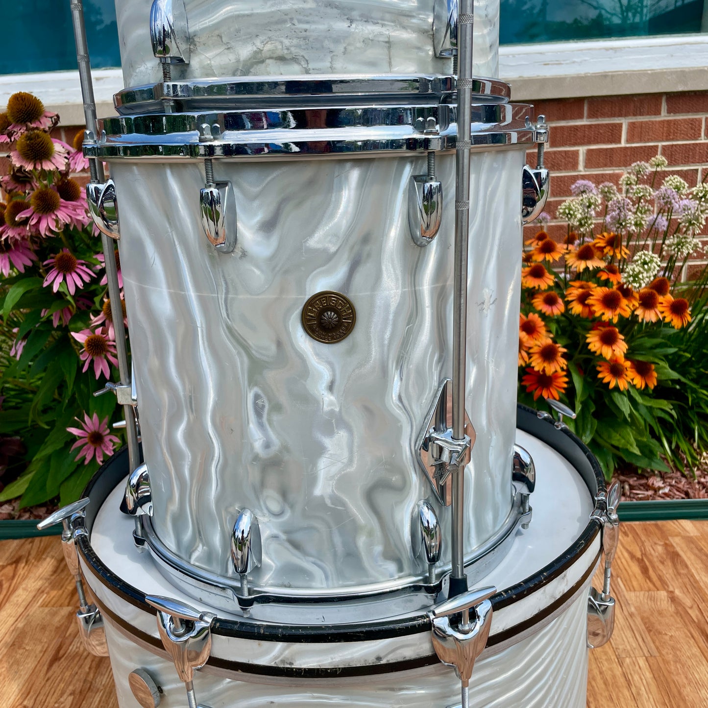 1960s Gretsch Progressive Jazz Drum Set Silver (White) Satin Flame 20/12/14 w/ Snare