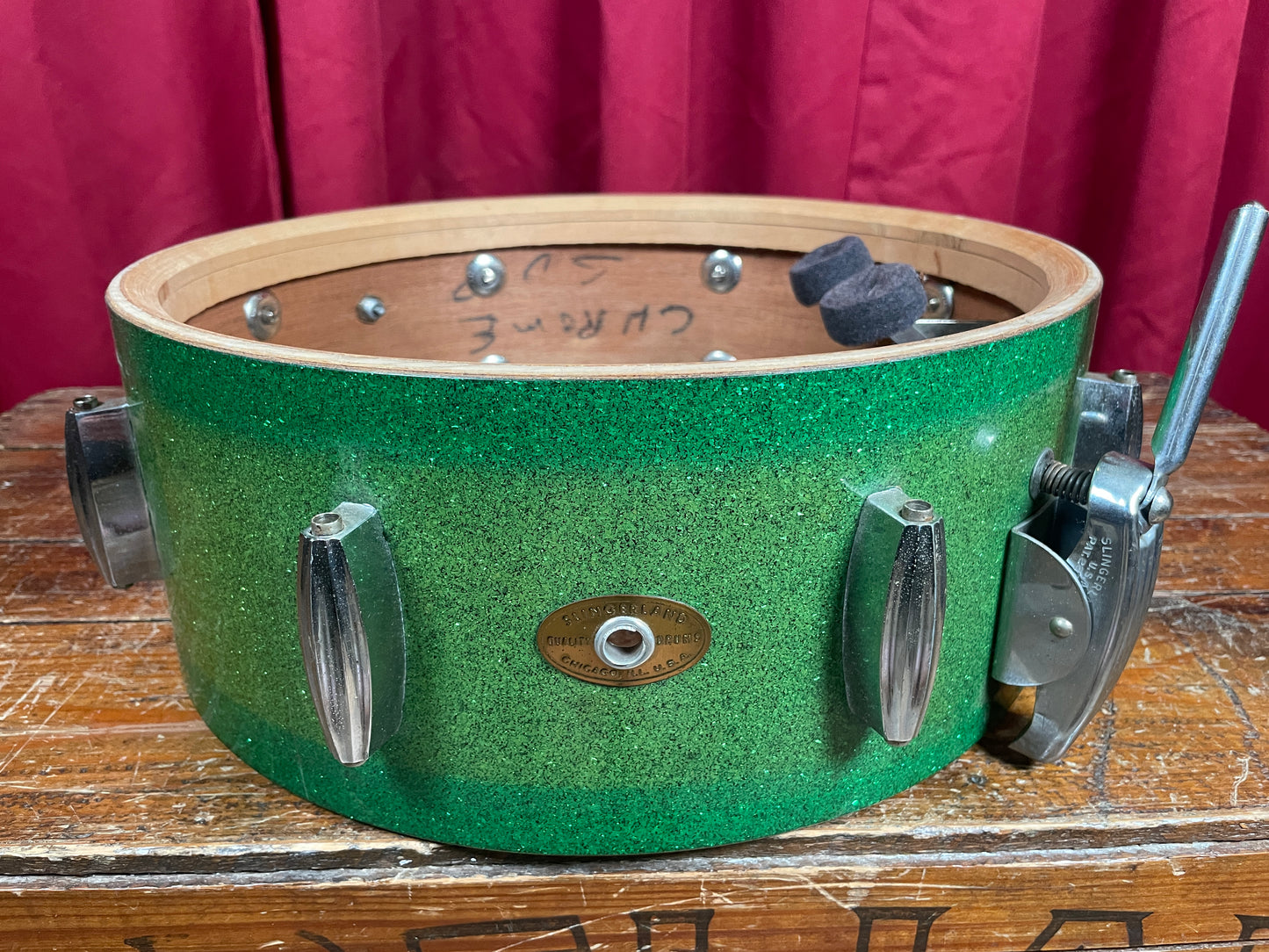 1953-56 Slingerland Super Gene Krupa Radio King 5.5x14 Snare Drum Green Sparkle Glass Glitter w/ Dog Tag Badge