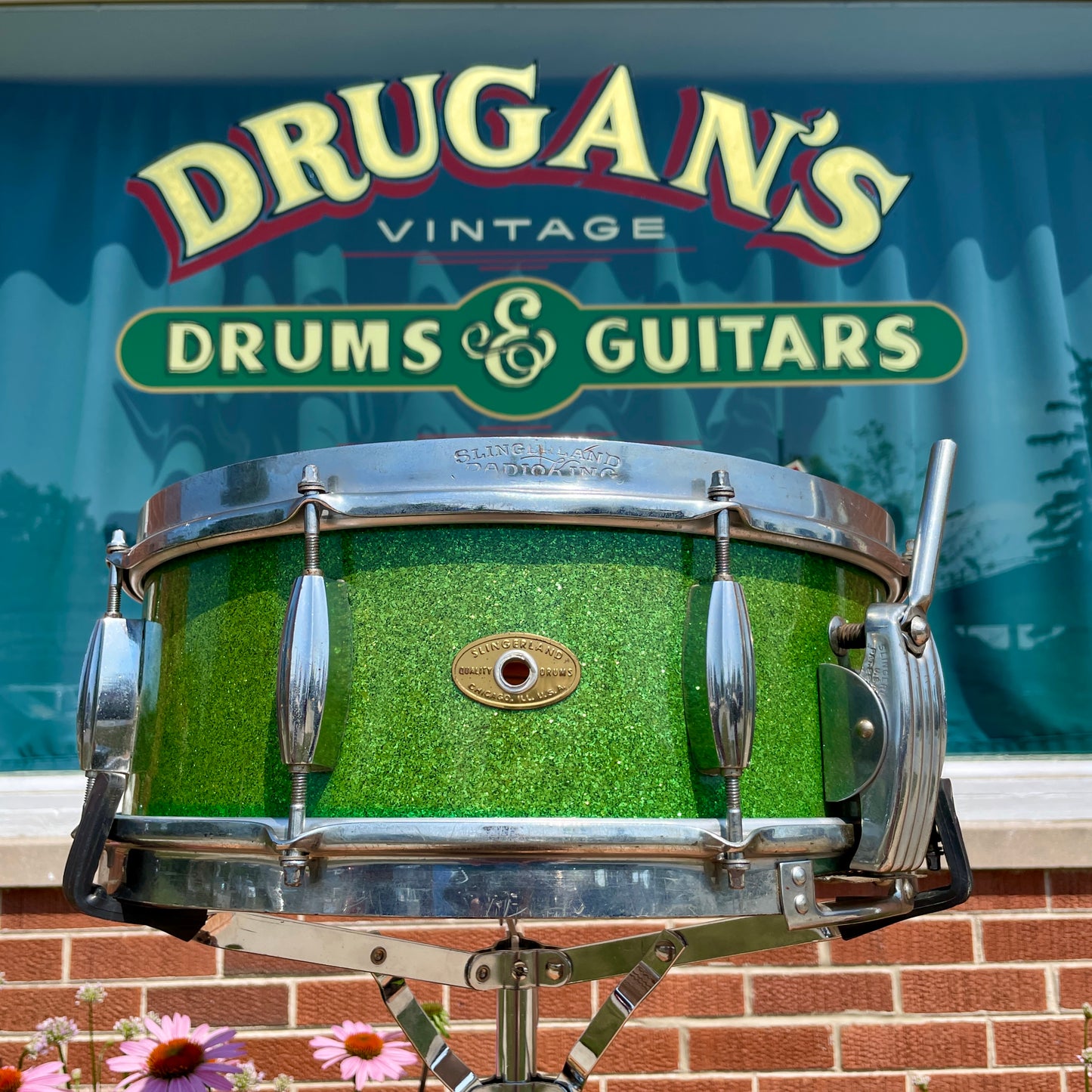 1953-56 Slingerland Super Gene Krupa Radio King 5.5x14 Snare Drum Green Sparkle Glass Glitter w/ Dog Tag Badge