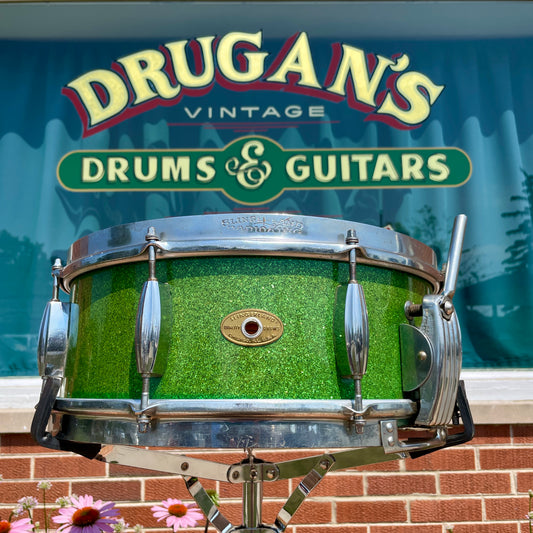 1953-56 Slingerland Super Gene Krupa Radio King 5.5x14 Snare Drum Green Sparkle Glass Glitter w/ Dog Tag Badge