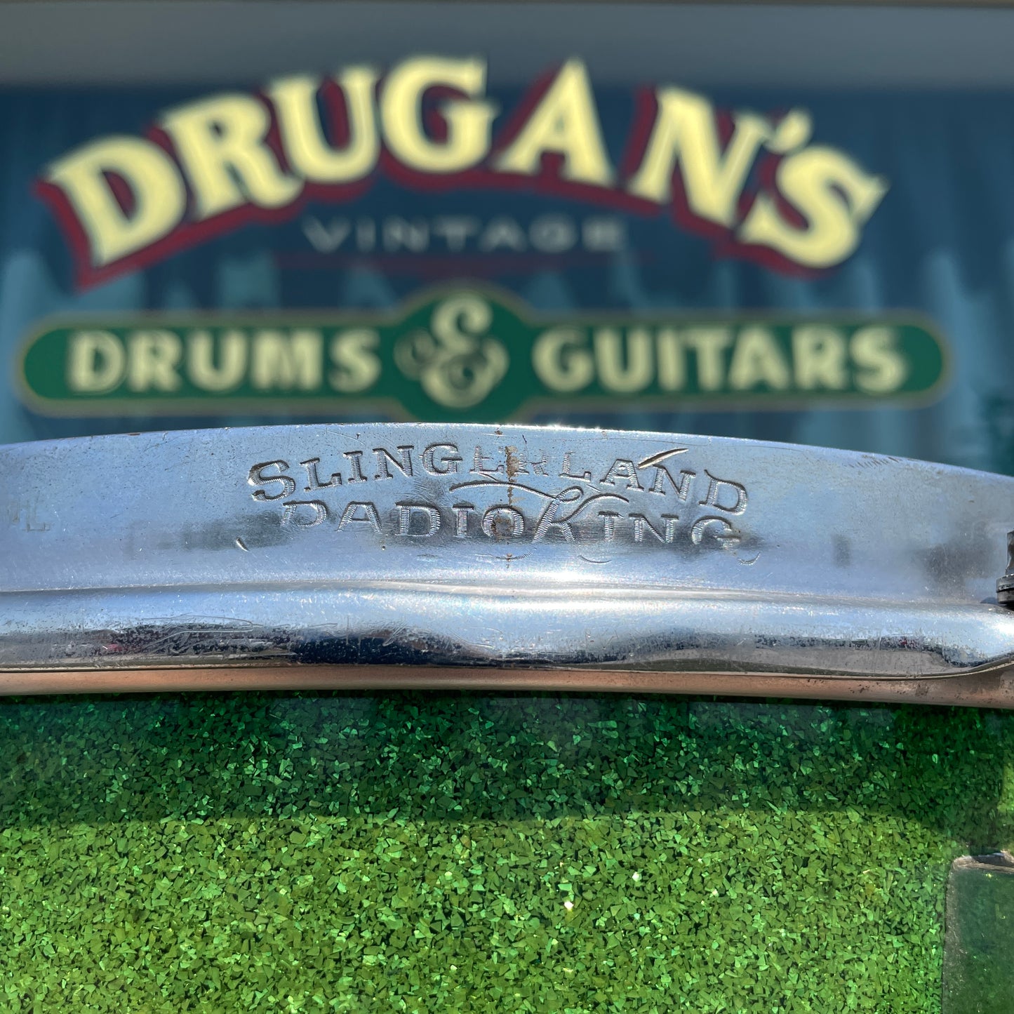 1953-56 Slingerland Super Gene Krupa Radio King 5.5x14 Snare Drum Green Sparkle Glass Glitter w/ Dog Tag Badge