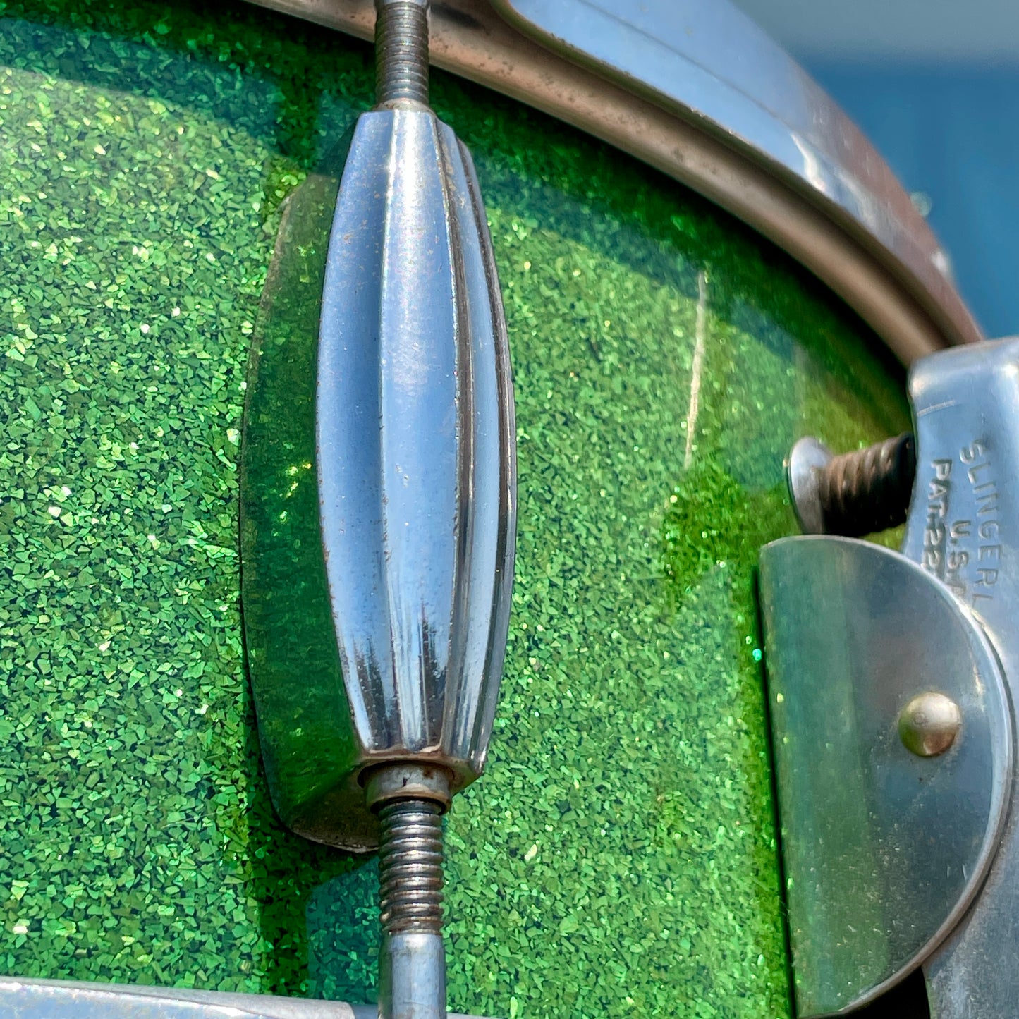 1953-56 Slingerland Super Gene Krupa Radio King 5.5x14 Snare Drum Green Sparkle Glass Glitter w/ Dog Tag Badge