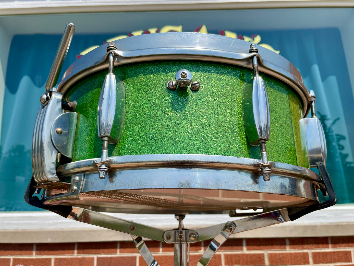 1953-56 Slingerland Super Gene Krupa Radio King 5.5x14 Snare Drum Green Sparkle Glass Glitter w/ Dog Tag Badge