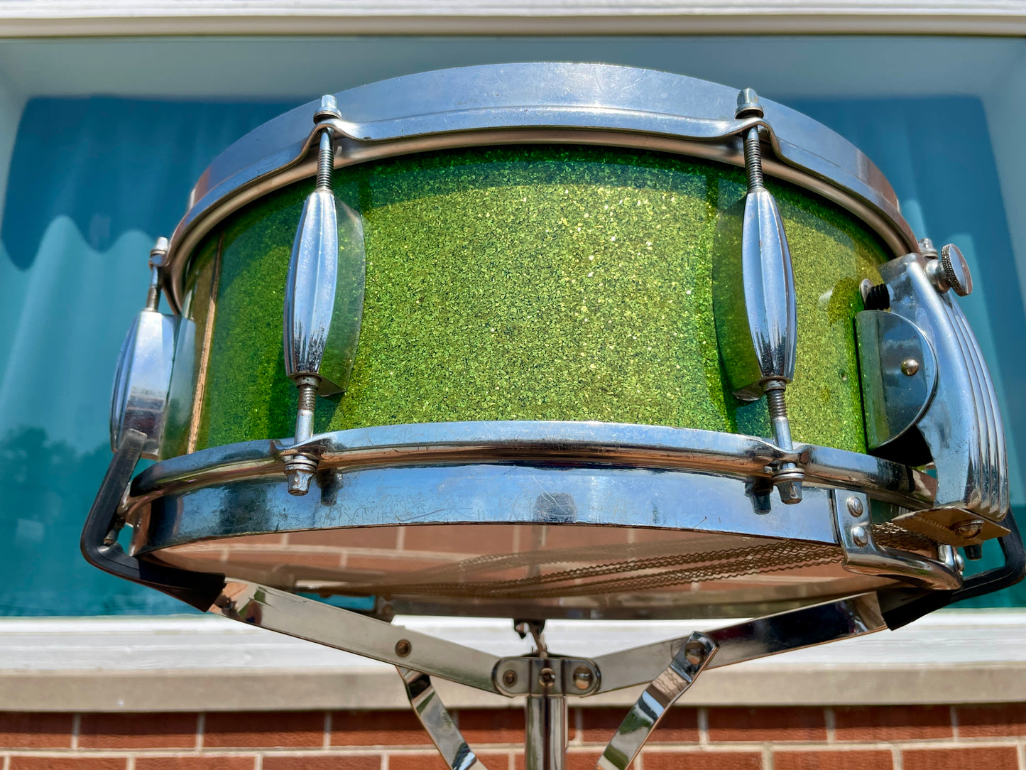1953-56 Slingerland Super Gene Krupa Radio King 5.5x14 Snare Drum Green Sparkle Glass Glitter w/ Dog Tag Badge