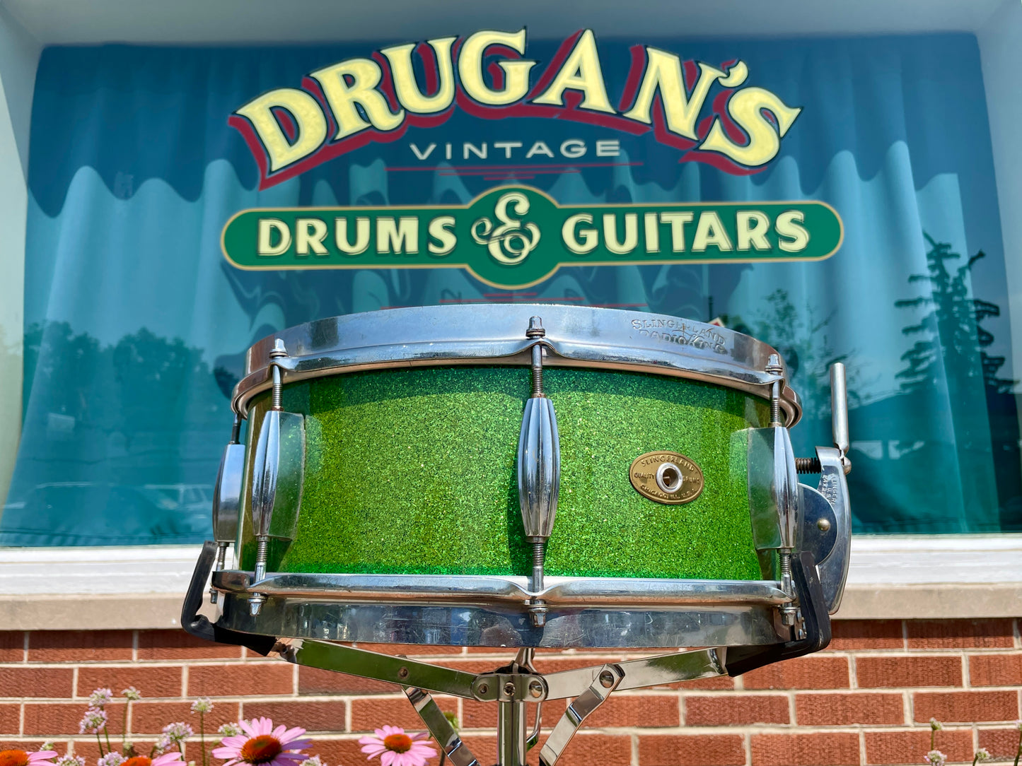 1953-56 Slingerland Super Gene Krupa Radio King 5.5x14 Snare Drum Green Sparkle Glass Glitter w/ Dog Tag Badge
