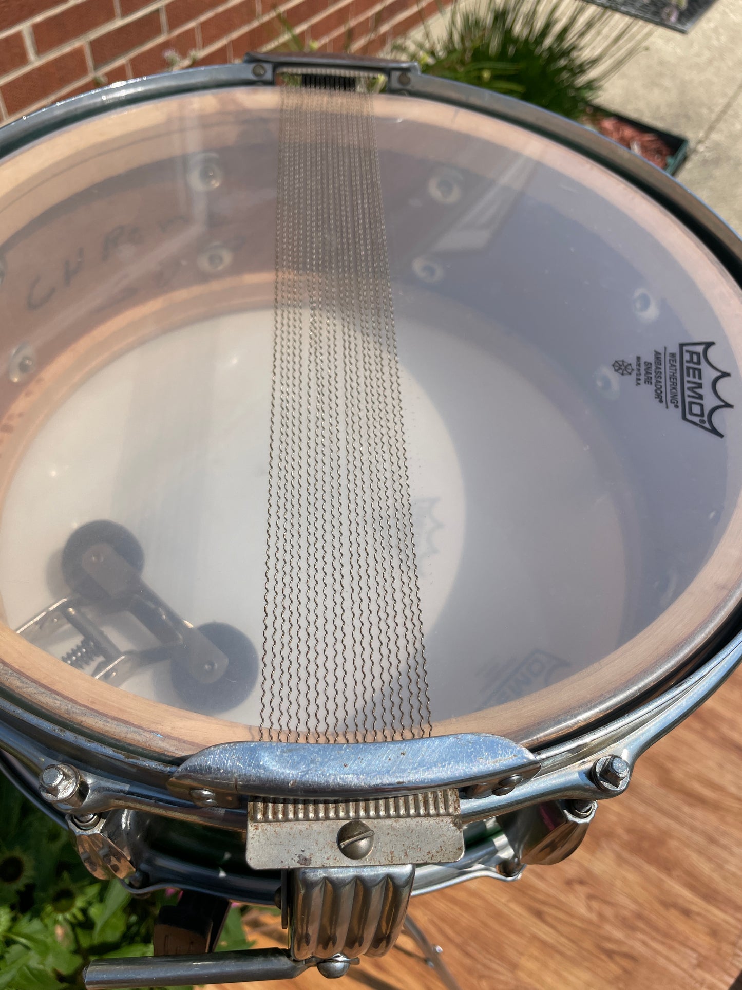 1953-56 Slingerland Super Gene Krupa Radio King 5.5x14 Snare Drum Green Sparkle Glass Glitter w/ Dog Tag Badge
