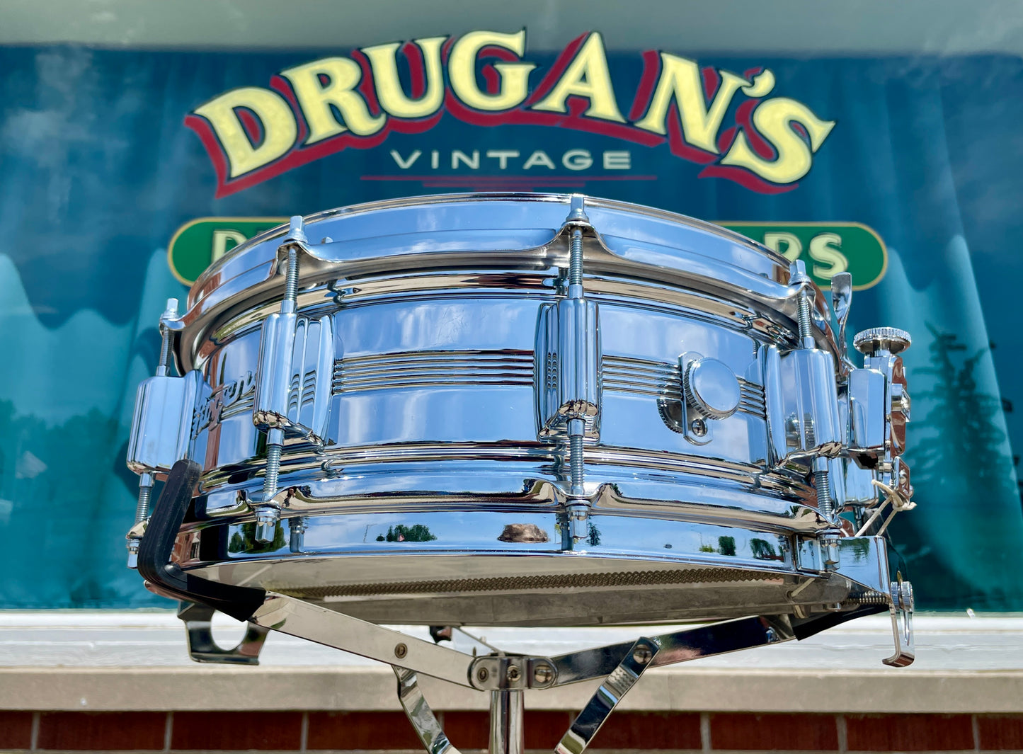 Early 1970s Rogers Dyna-Sonic 5-Line 5x14 Snare Drum Chrome Over Brass Dynasonic COB