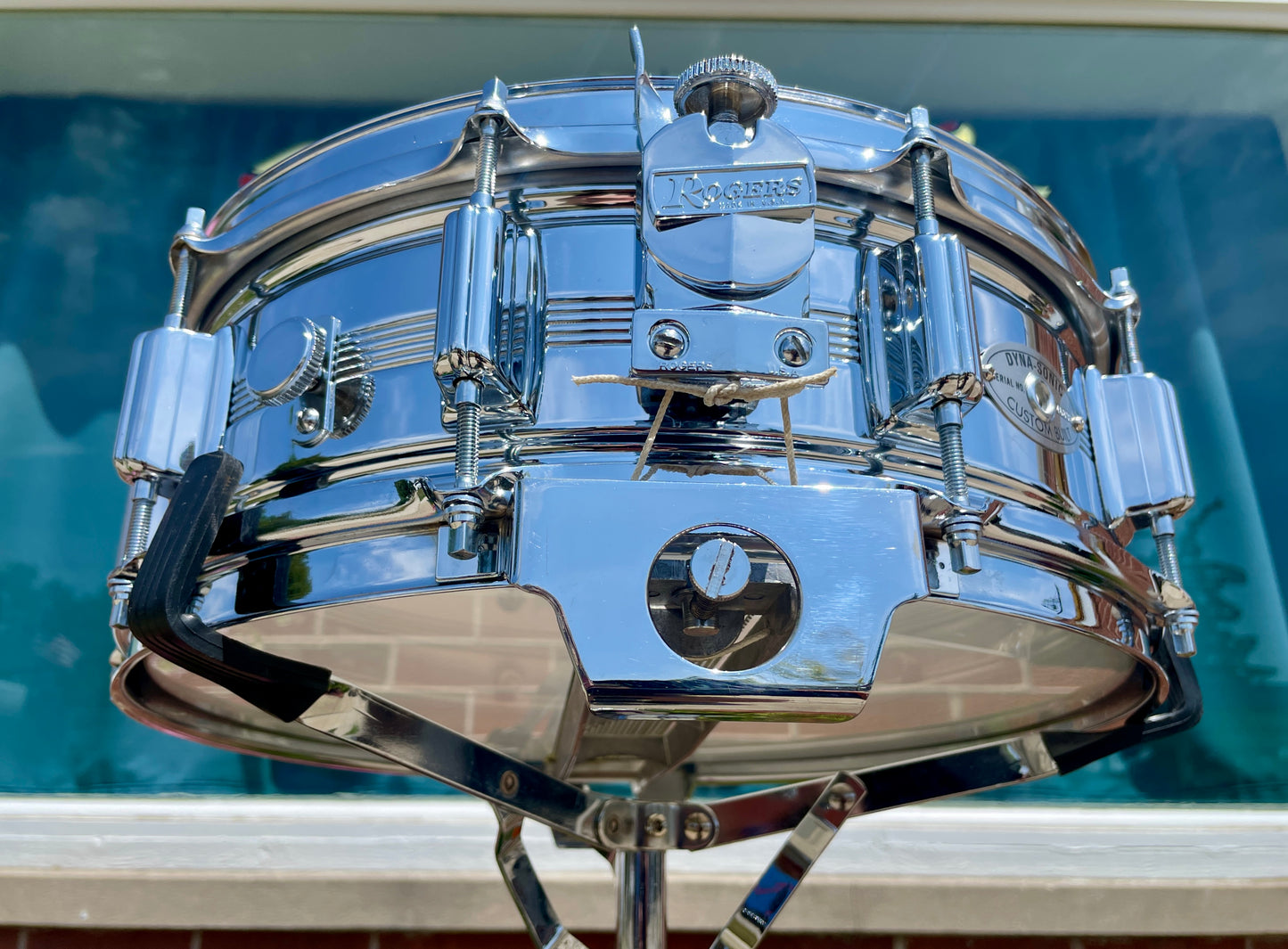 Early 1970s Rogers Dyna-Sonic 5-Line 5x14 Snare Drum Chrome Over Brass Dynasonic COB