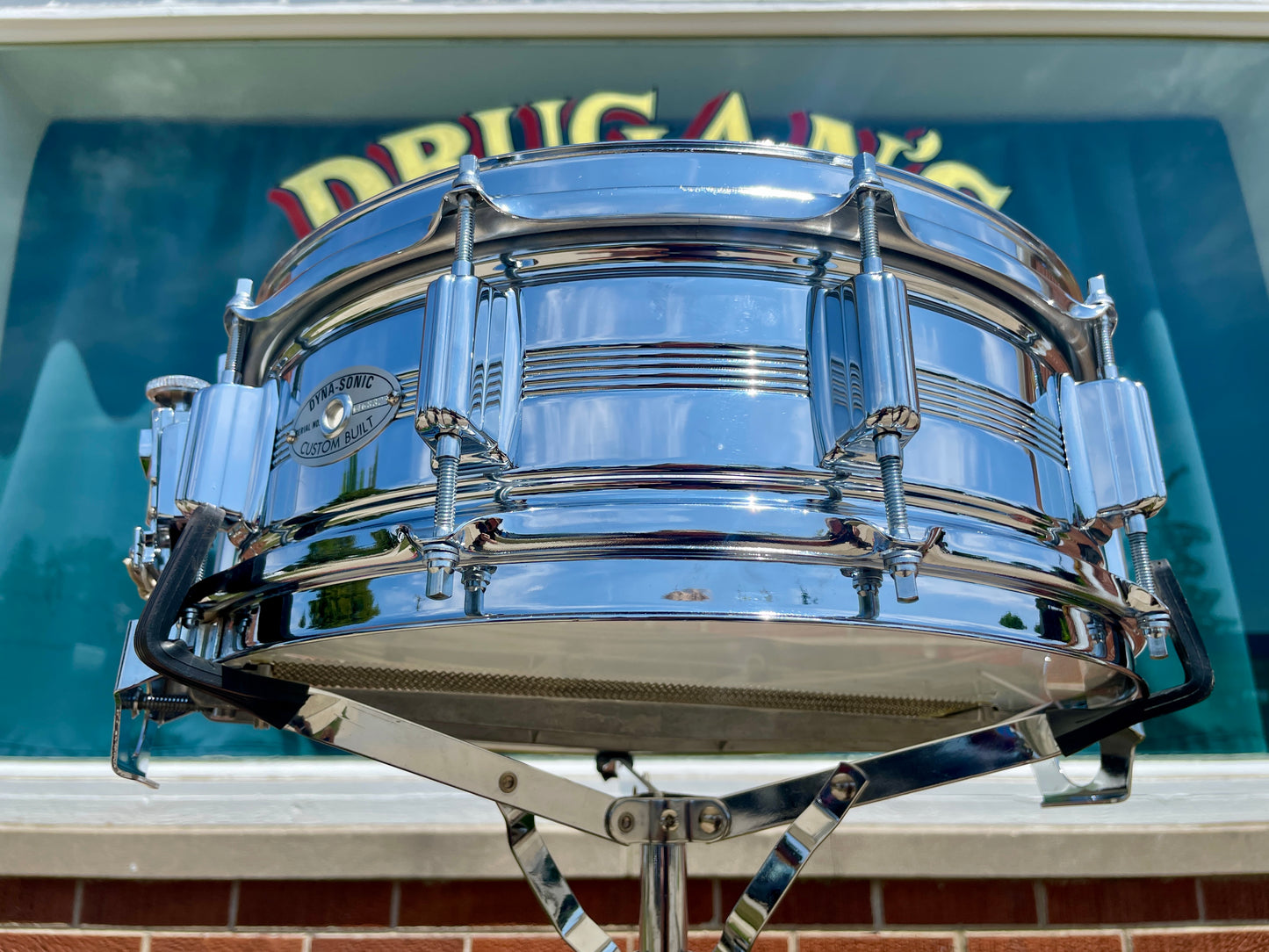 Early 1970s Rogers Dyna-Sonic 5-Line 5x14 Snare Drum Chrome Over Brass Dynasonic COB
