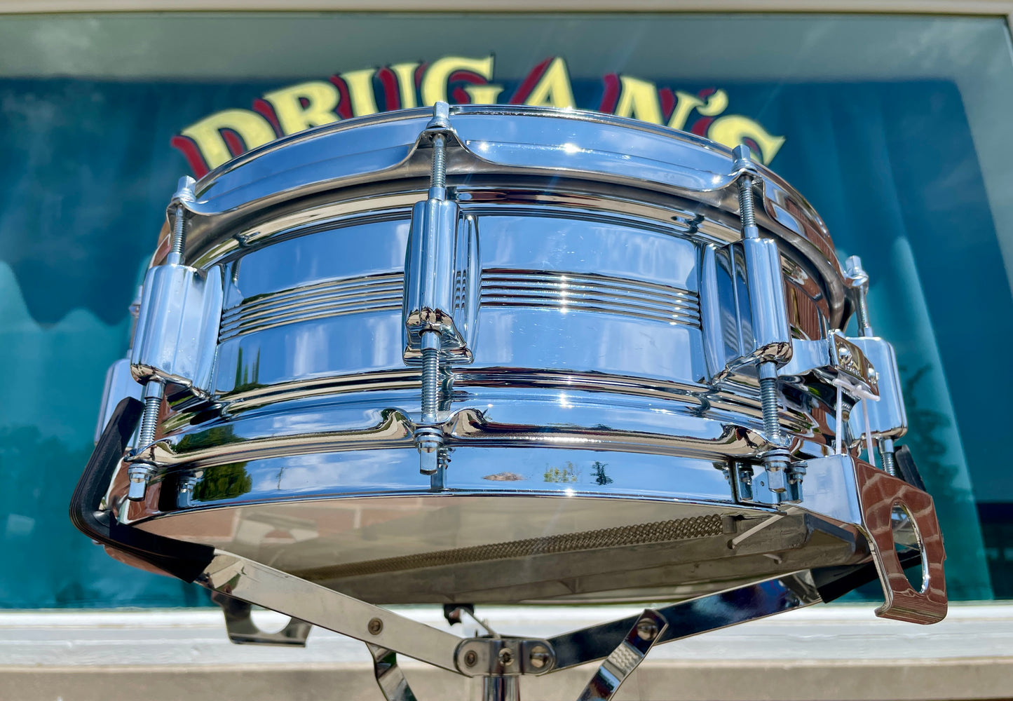 Early 1970s Rogers Dyna-Sonic 5-Line 5x14 Snare Drum Chrome Over Brass Dynasonic COB