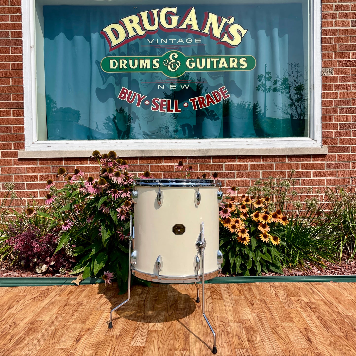 1970s Gretsch 16x16 Stop Sign Badge Floor Tom Drum White Nitron