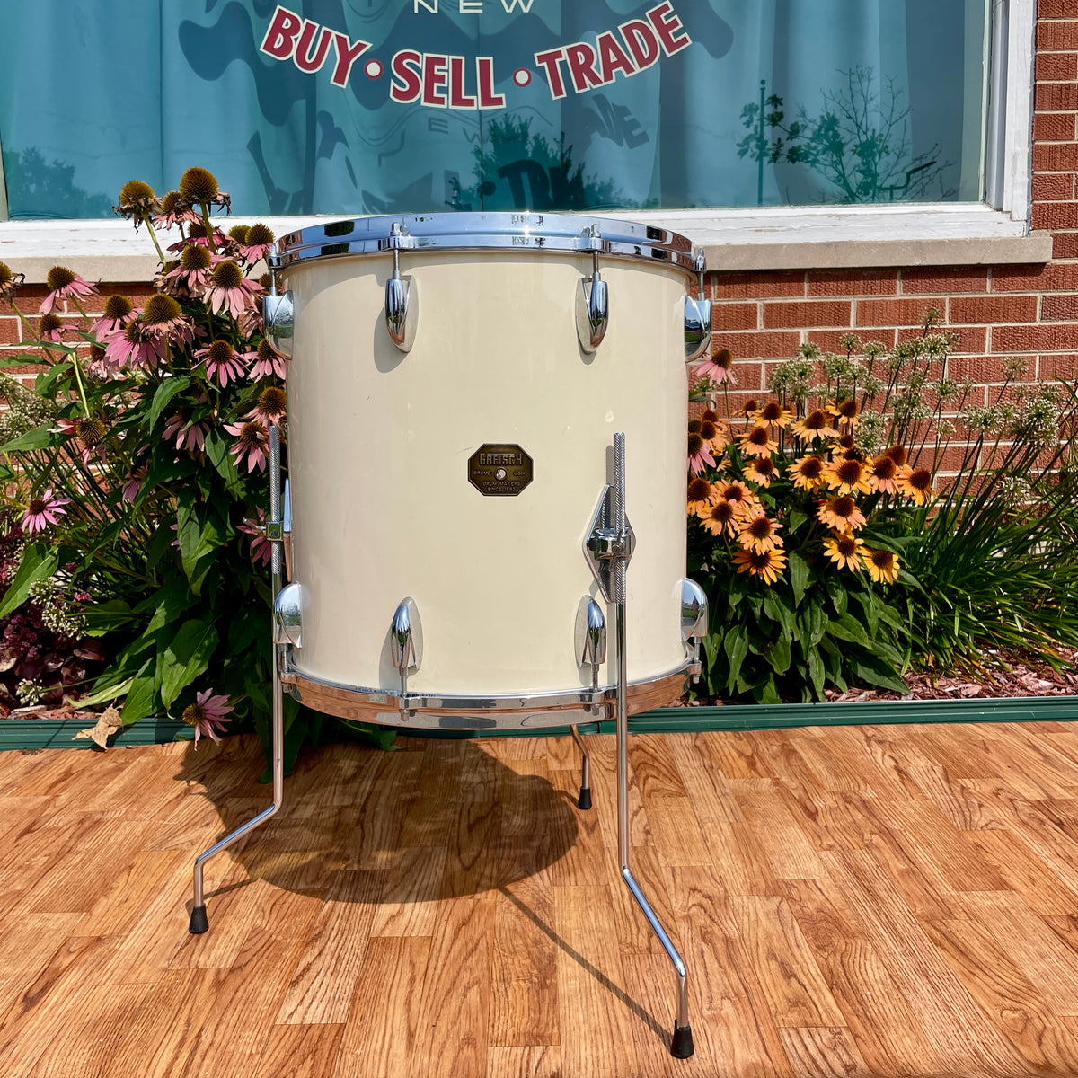 1970s Gretsch 16x16 Stop Sign Badge Floor Tom Drum White Nitron