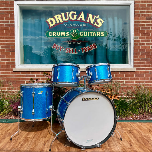 1970s Ludwig Mach 5 Pro Beat Drum Set Blue Sparkle 24/12/13/16