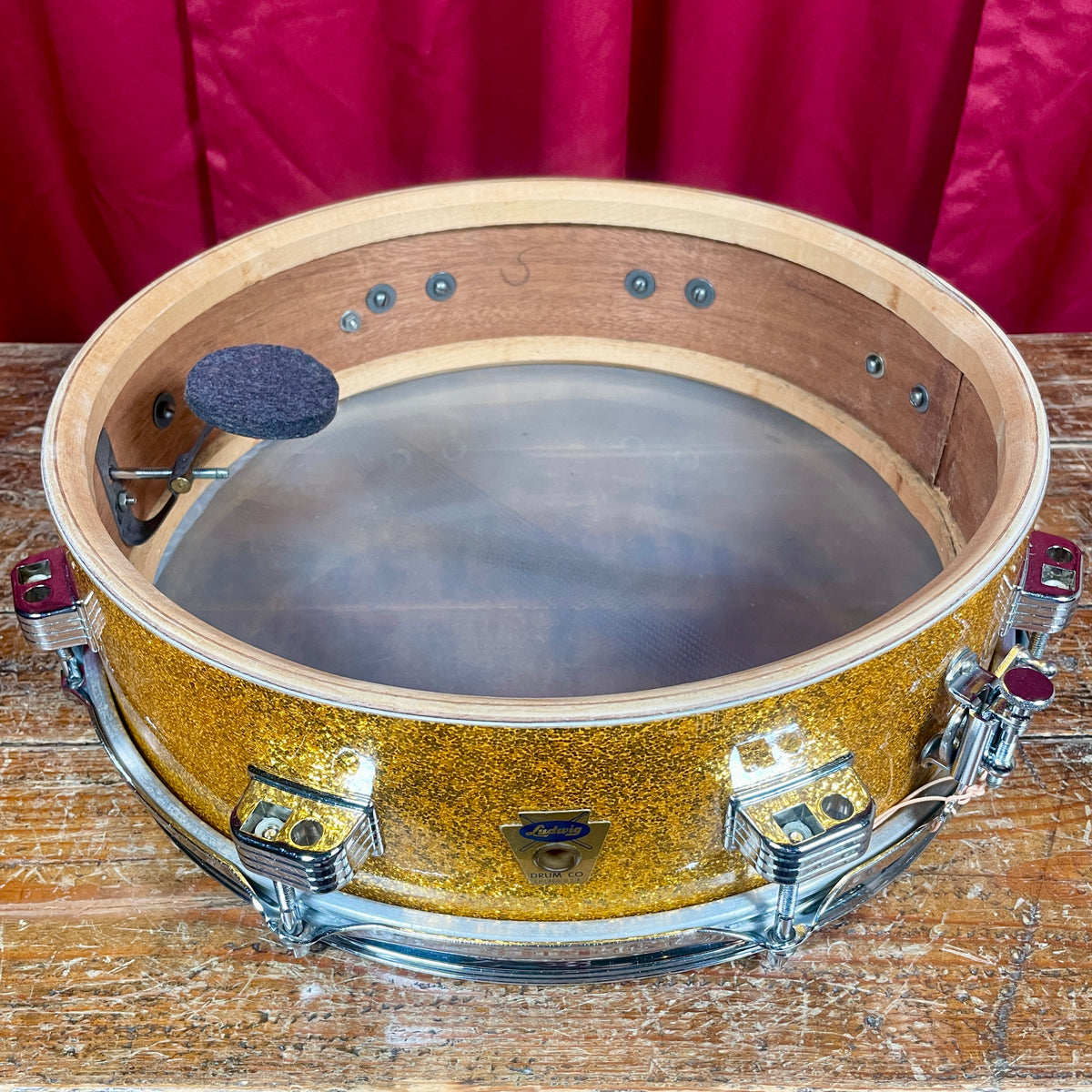 1958-1960 Ludwig Down Beat 4x14 Snare Drum Gold Sparkle