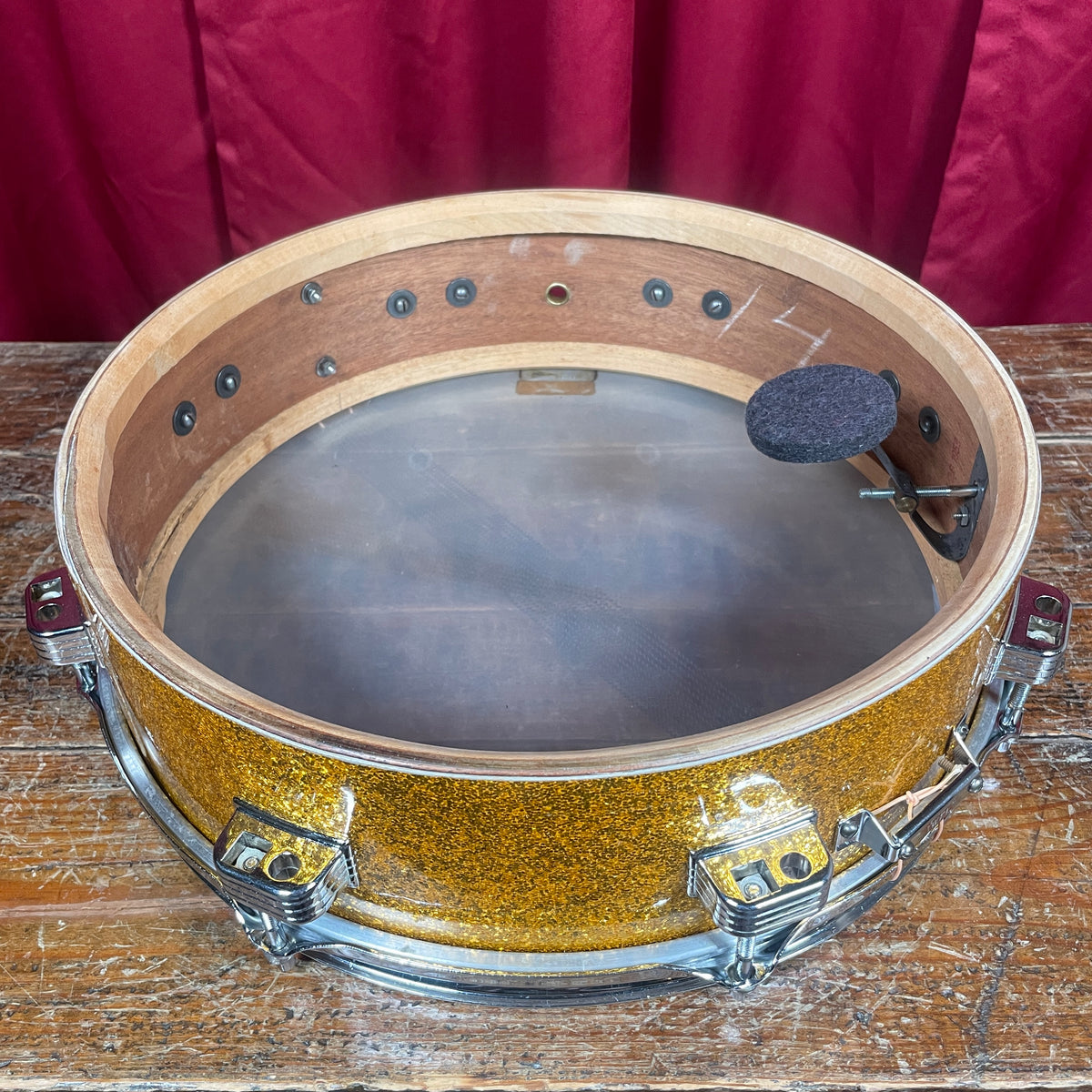 1958-1960 Ludwig Down Beat 4x14 Snare Drum Gold Sparkle