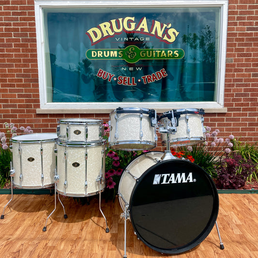 2000s MIJ Tama Rockstar EFX Drum Set Snow White Marine Pearl 24/13/14/16/18 w/ 6.5x14 Snare