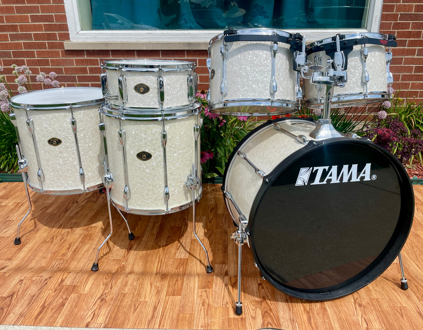 2000s MIJ Tama Rockstar EFX Drum Set Snow White Marine Pearl 24/13/14/16/18 w/ 6.5x14 Snare