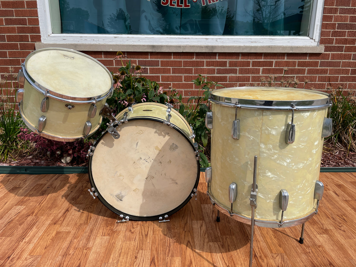 1940s-1950s Slingerland Radio King Drum Set White Marine Pearl 20/13/16