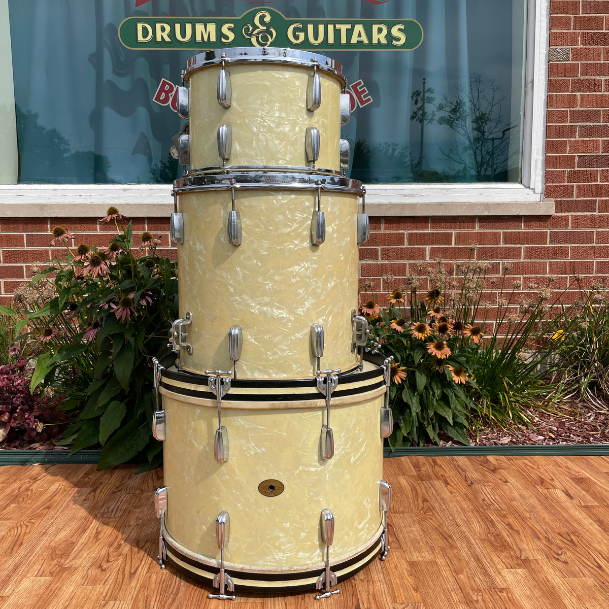 1940s-1950s Slingerland Radio King Drum Set White Marine Pearl 20/13/16