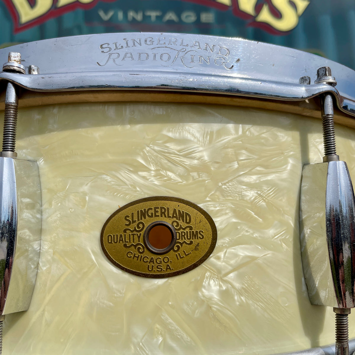 1950s Slingerland No. 143 Krupa Model Radio King Snare Drum White Marine Pearl 5.5x14