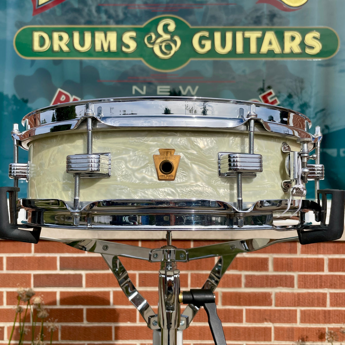 1950s WFL Ludwig Down Beat 4x14 Snare Drum White Marine Pearl