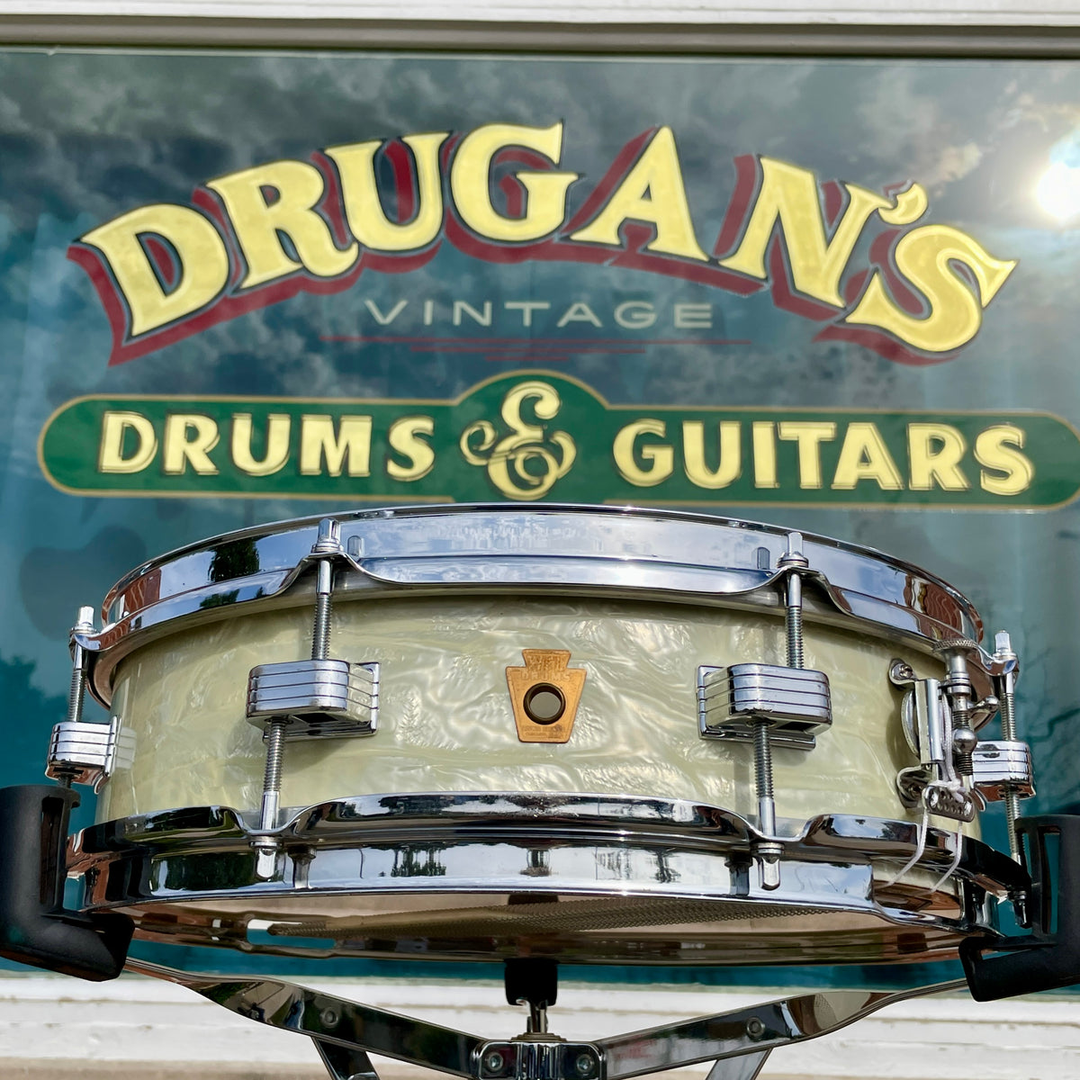 1950s WFL Ludwig Down Beat 4x14 Snare Drum White Marine Pearl