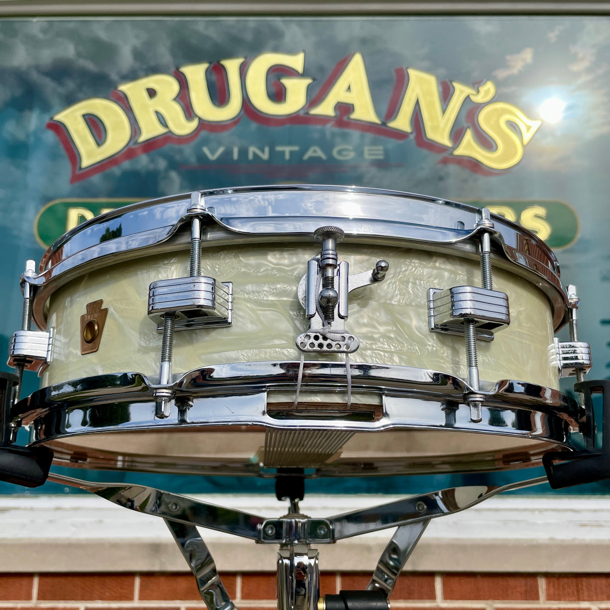 1950s WFL Ludwig Down Beat 4x14 Snare Drum White Marine Pearl