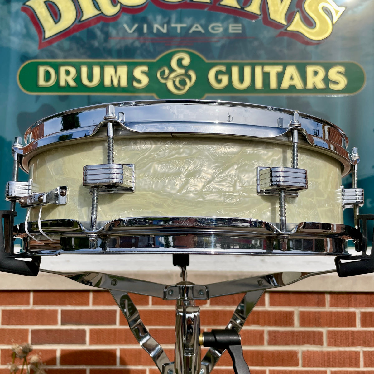 1950s WFL Ludwig Down Beat 4x14 Snare Drum White Marine Pearl