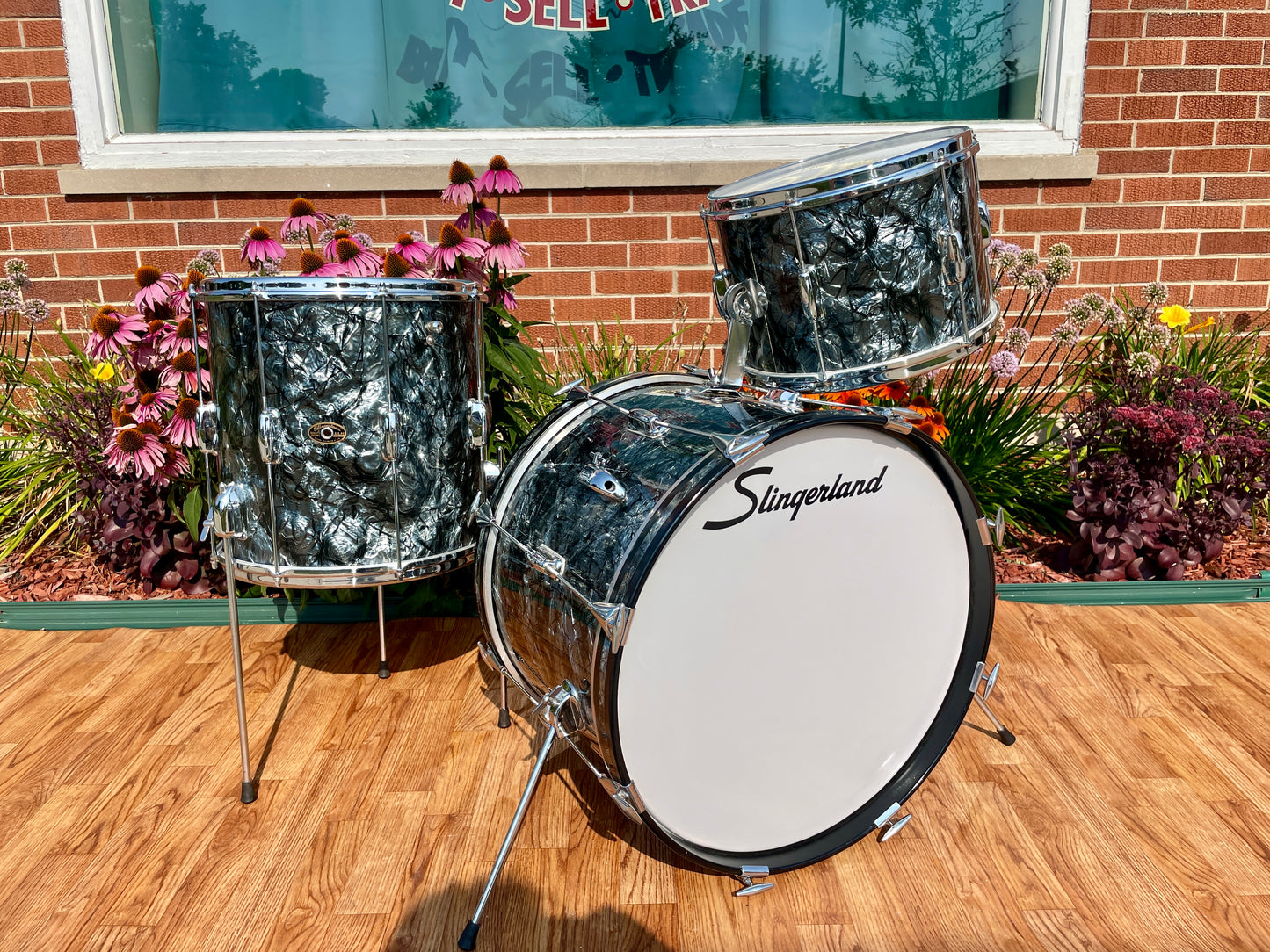 1960s Slingerland No. 74N Stage Band Drum Set Black Diamond Pearl 20/13/14