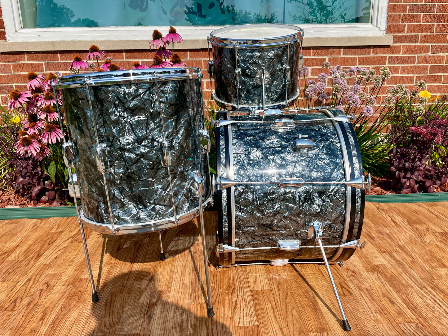 1960s Slingerland No. 74N Stage Band Drum Set Black Diamond Pearl 20/13/14