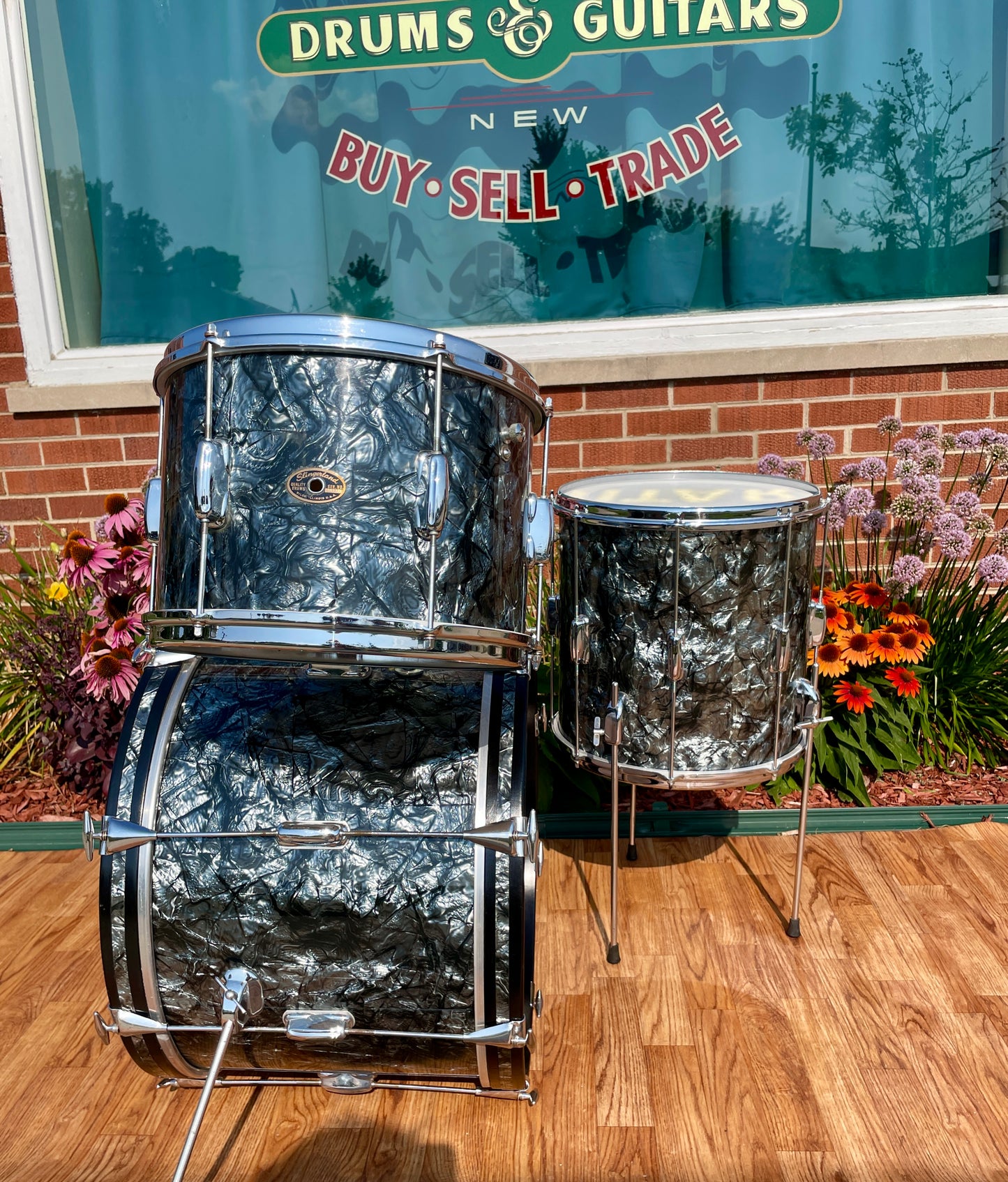 1960s Slingerland No. 74N Stage Band Drum Set Black Diamond Pearl 20/13/14