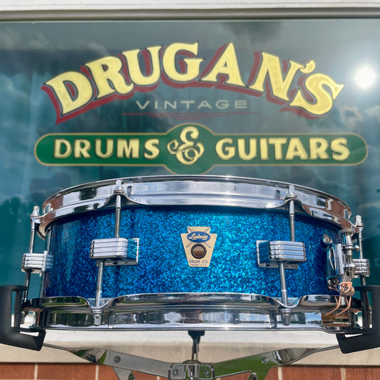 1958-1960 Ludwig Down Beat 4x14 Snare Drum Blue Sparkle