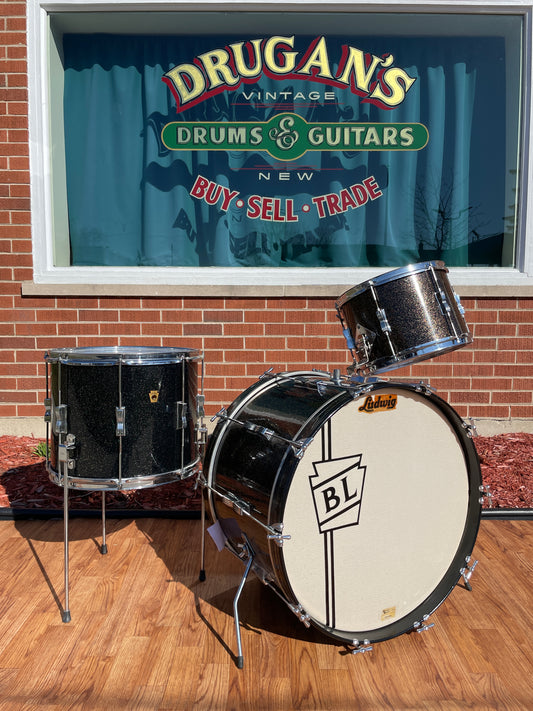 1960s Ludwig 3pc Club Date Drum Set Black Galaxy Sparkle 22/13/15