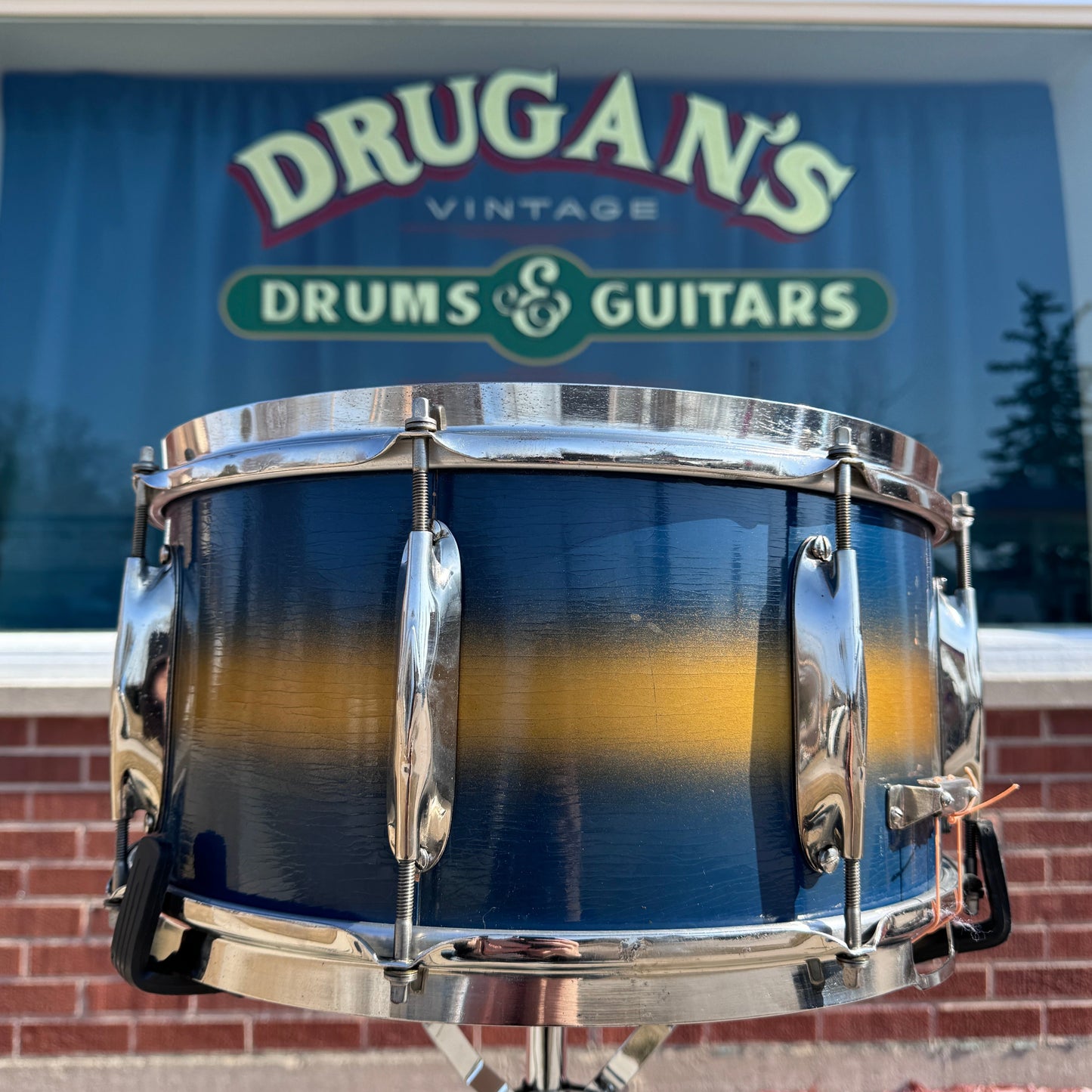 1930s-1940s WFL Ludwig 7x14 No. 416 Paramount Model Snare Drum Blue / Gold Duco Zephyr All American Swing